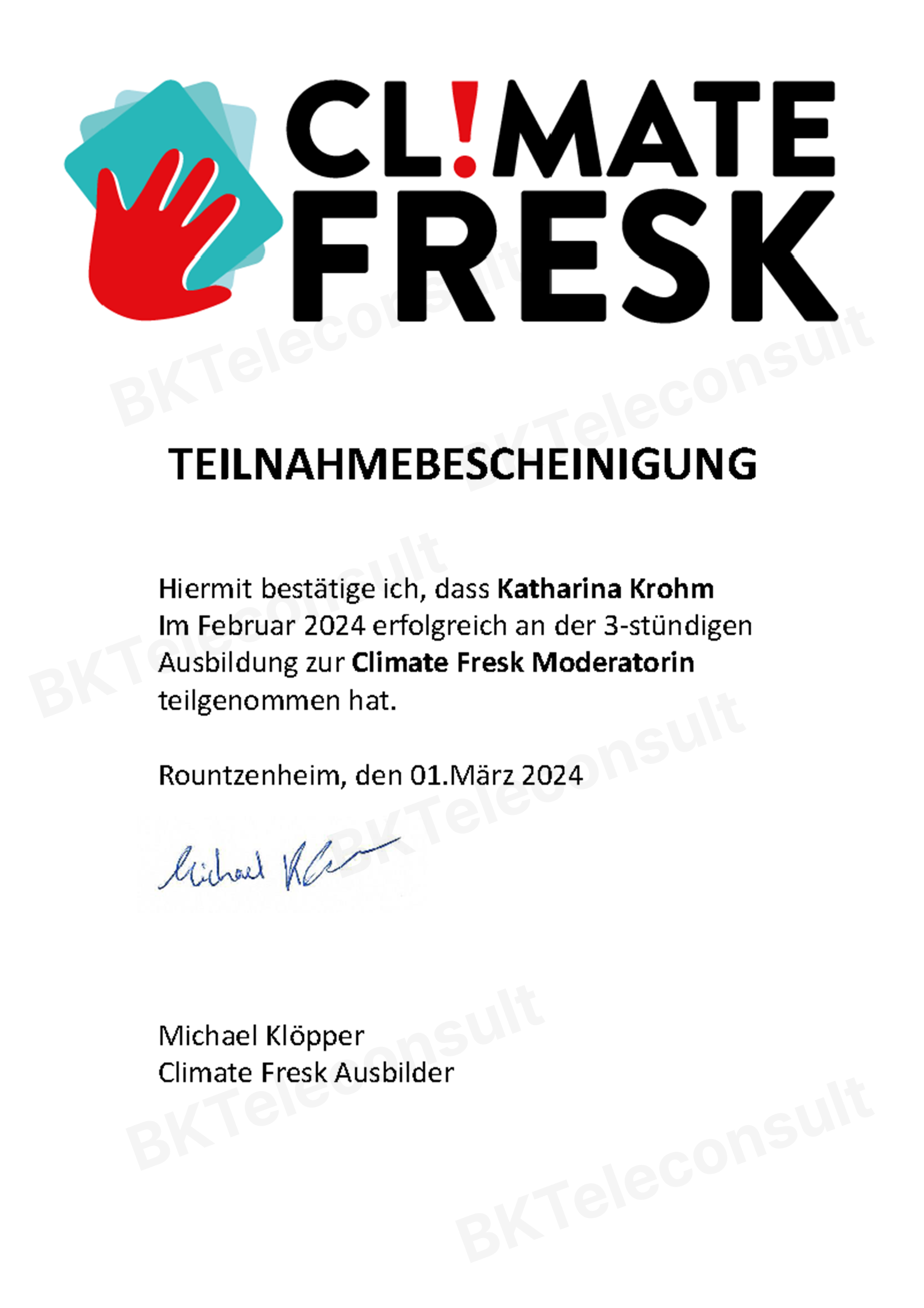 Teilnahmebestätigung Climate Fresk Katharina Krohm